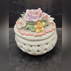 Vintage Porcelain Floral Trinket Box Lattice Ceramic Hand Painted Flowers Small
